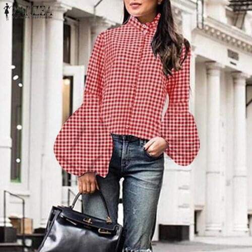 2021 Spring Shirts ZANZEA Fashion Plaid Work Office Blouse Long Puff Sleeve Check Chemise Women Casual Tunic Tops Female Blusas
