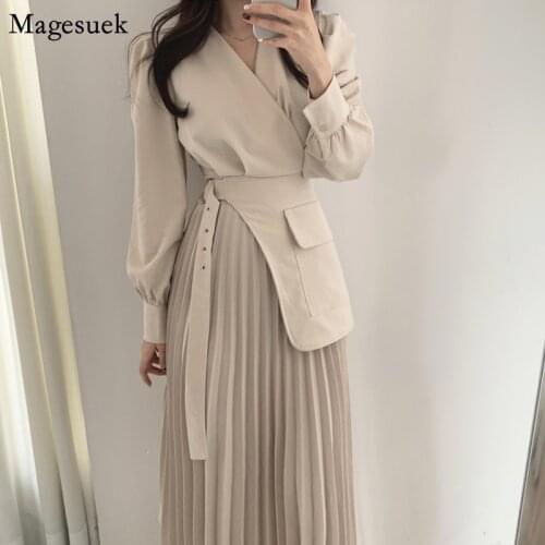 Spring V-neck Pleated Sexy Party Dress Women Femme Robe Draped Long Office Woman Dress Elegant Side Buckle Women Dresses 12789