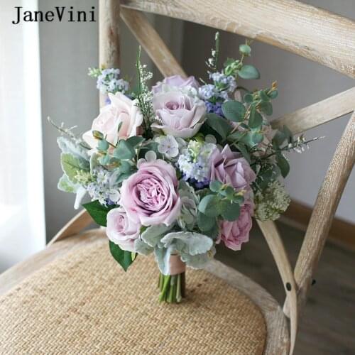 JaneVini Vintage Light Purple Summer Bridal Bouquets Wedding Silk Flowers Artificial Peony Rose Fake Bouquet Wedding Accessories