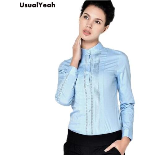 Fashion Spring Ladies Long Sleeve Body Shirt Women Stand Collar Formal Lace Patchwork White Blouse For Work Wear S-XXL