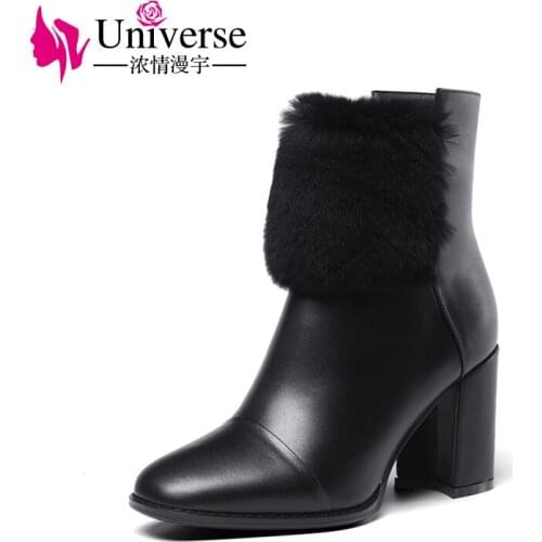 Universe real fur ladies high heel boots comfortable square heel shoes genuine leather ankle boots G373