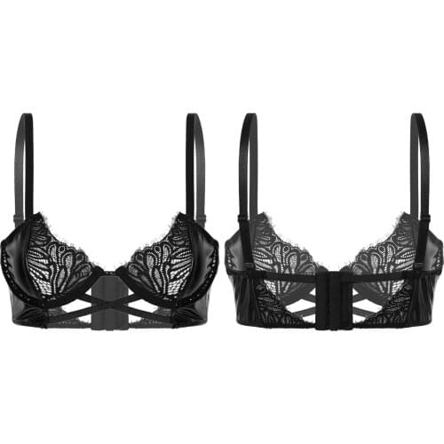 Women Femme Sexy Bras Hollow Out Wet Look Patent Leather Lace Patchwork Underwired Bra Tops Adjustable Shoulder Strap Brassiere