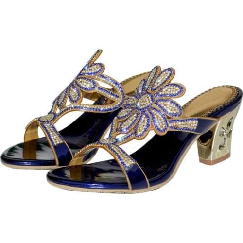 Womens Slippers Thick High Heel Slippers Summer Hollow Flower Rhinestones Diamonds High Heel Thick Heel Large Size Slippers