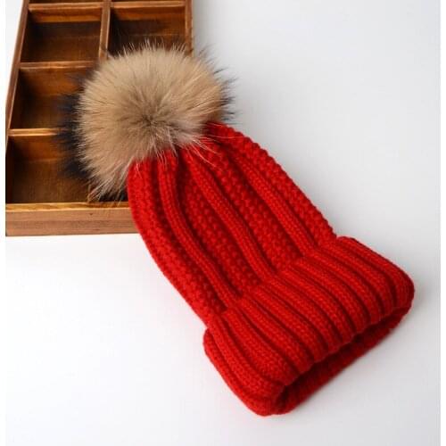 8526546 Women Autumn &Winter water ripples raccoon Fur Ball knitted caps womens wool caps big ball caps Skullies & Beanies