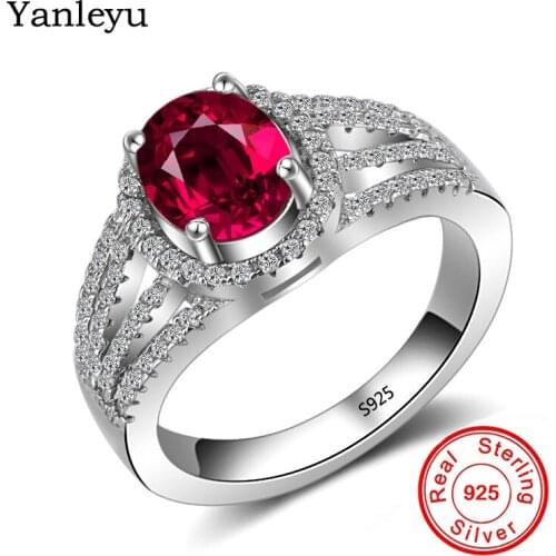 Yanleyu Fashion Oval Red Gem Stone Cubic Zircon Ring Solid 925 Sterling Silver Engagement Wedding Rings for Women Gift PR282
