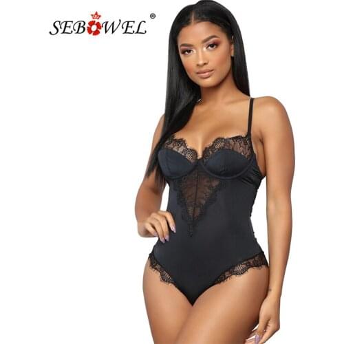 SEBOWEL Sheer Lace Woman Bodysuit Summer Spaghetti Strap Sexy Black Backless Sleeveless Bodysuits Female Bodycon Club Body Tops