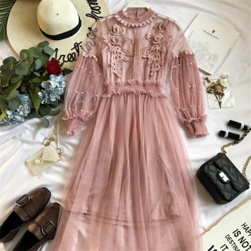 2020 New Women Lace Flower Dress Long Gauze Lantern Sleeve Voile Long Dress Female Retro Hook Princess Dress 2 Piece Set P502
