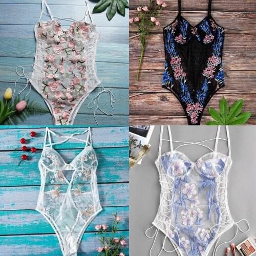 Women Super Sexy Chic Crossing Ribbons Embroidered Bodysuit See Through Lace Floral Bodysuit
