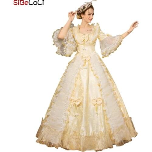 Womens Victorian Rococo Long Dress Inspiration Maiden Costume Champagne Princess Evening Gown