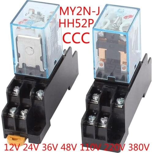 1PCS HH52P MY2N-J DC12V 24V AC220V Coil 8P DPDT Electromagnetic Power Relay w Socket Base