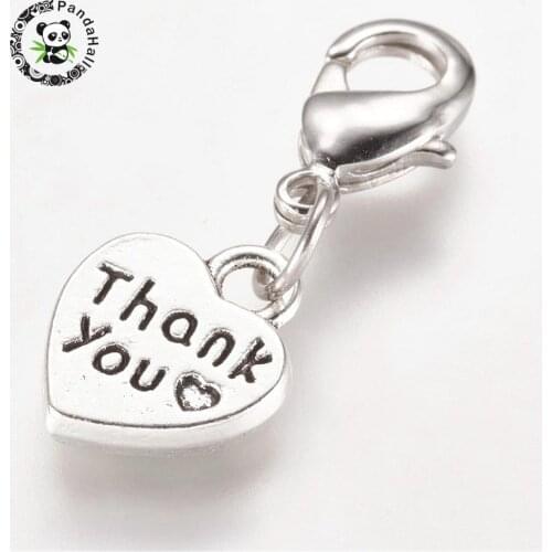 100pcs/lot 26mm Alloy Heart with Word Thank You Pendants Charms with Brass Lobster Claw Clasps Jewelry Findings