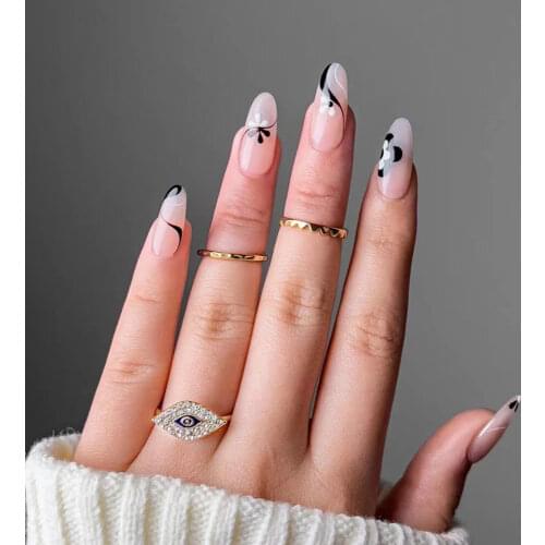 24pcs Cherry Printed Nail Patch Round Head Glue Type Removable Long Paragraph Fashion Manicure False Nail Patch TY