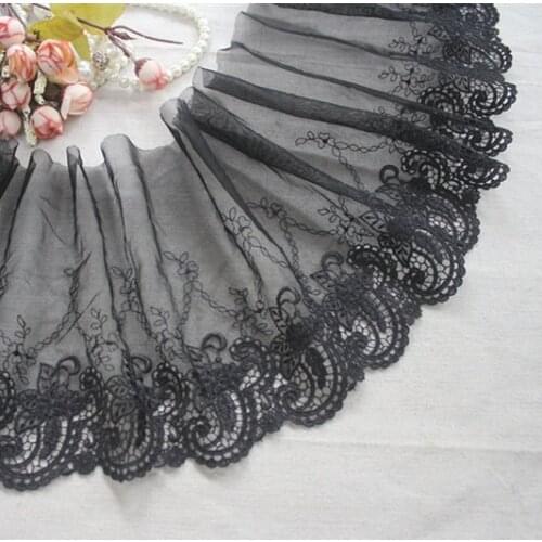 7.48"19cm wide(5yards/lot) Black Embroidered Floral Tulle Lace Trim ,Mesh Embroidery Lace Trim
