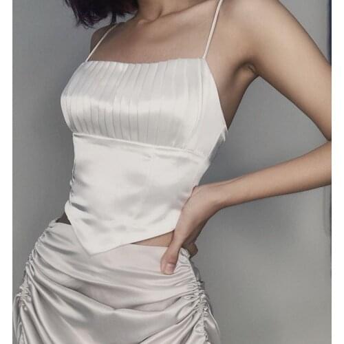 Missnight Satin Pleated Tank Top Slip Sexy Bustier Camis Tops Backless Square Neck Zipper Elegant Party Clubwear Summer 2021