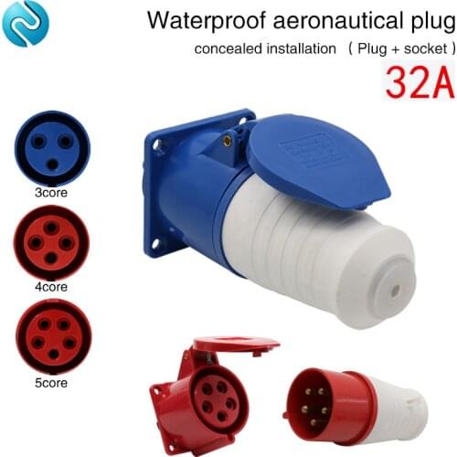 Aviation plug socket industrial waterproof connector 3 core 4 core 5 core 32A concealed installation aviation butt plug