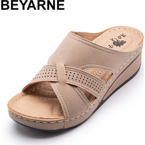 BEYARNENew 2021 Summer Shoes Woman Outer Wear Non-slip Plus Size Wedge Retro Breathable Hollow Women Slippers Beach Ladies Slide