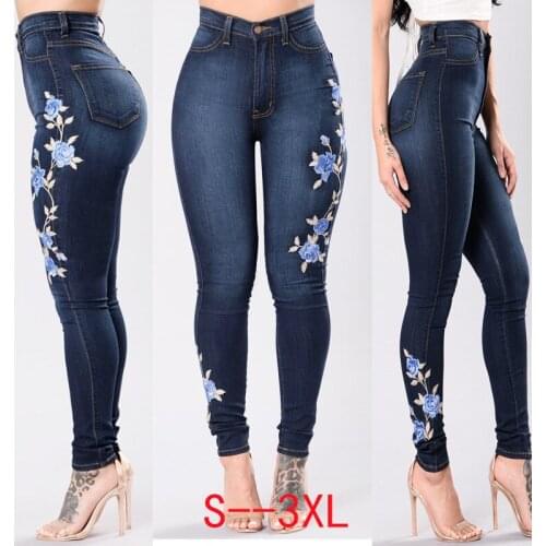 2018 Flower Embroidered Jeans Pant Women Elastic Mom Jean Pencil Denim Pant Female sexy skinny Pantalon Femme bottom trouser