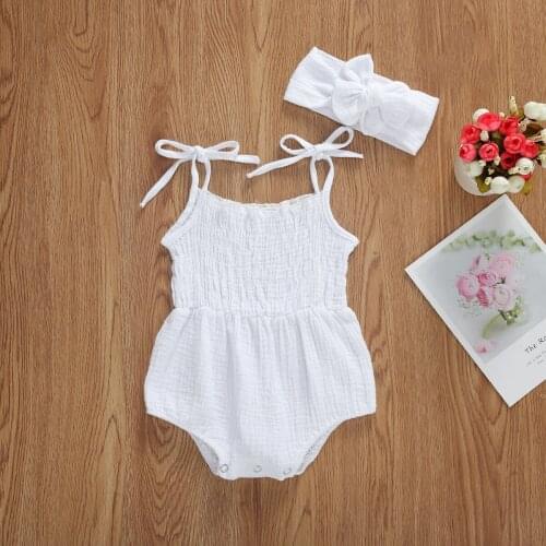 Emmababy Newborn Baby Girl Clothes Summer Solid Color Ruffle Sling Knitted Cotton Romper Jumpsuit Headband 2Pcs Outfits Sunsuit