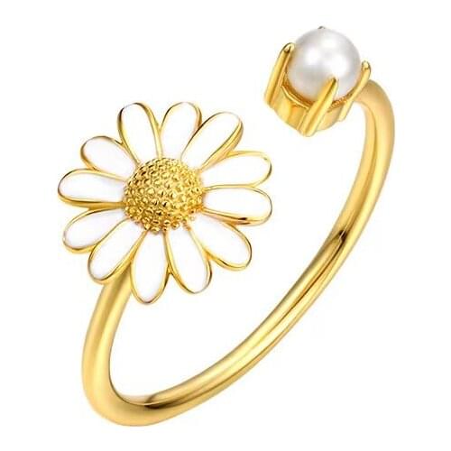 Distinctive Korean 925 Sterling Silver Enamel Flower Rings Little Daisy Adjustable Pearl Ring Women Fashion Jewelry Summer Gifts