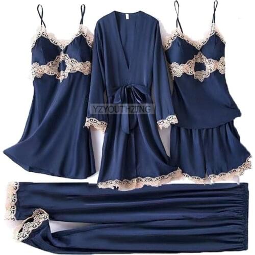 Sexy Satin Kimono Gown Female Robe Set Lace Trim Nighty&Bathrobe Set Bridal Wedding Nightgown Rayon Sleepwear Intimate Lingerie