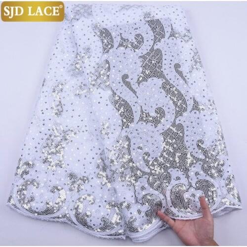 SJD LACE White African Lace Fabric High Quality Sequins French Lace Fabric Embroidery Sequined Mesh Laces For Wedding PartyA2096