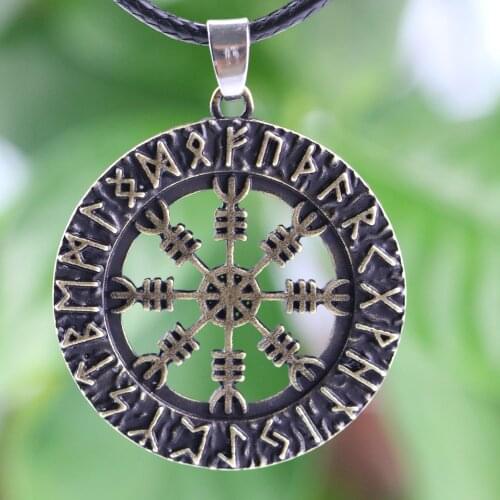 LANGHONG 1pcs Nordic Rune Amulet Pendant NECKLACE Vegvisir Compass PENDANT Runic Nordic Talisman Pendant Necklace