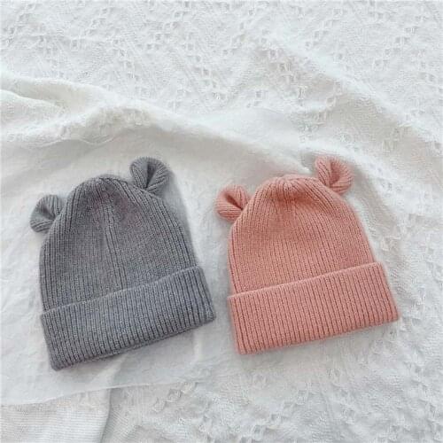 Cute Solid Color Bear Baby Knit Winter Hat for Girls Boys Soft Warm Infant Beanie Cap Baby Accessories Ear Warmer Kids Knit Cap