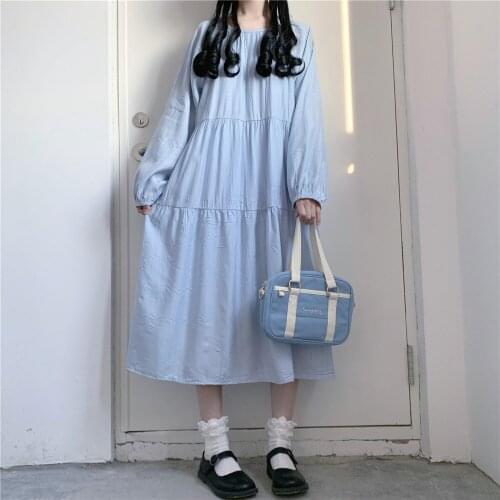 Japanese Sweet Long-Sleeve Womens A-Line Dress Loose Mid-Length Skirt Summer All-Match O-Neck Blue White Clothing For Soft Girl