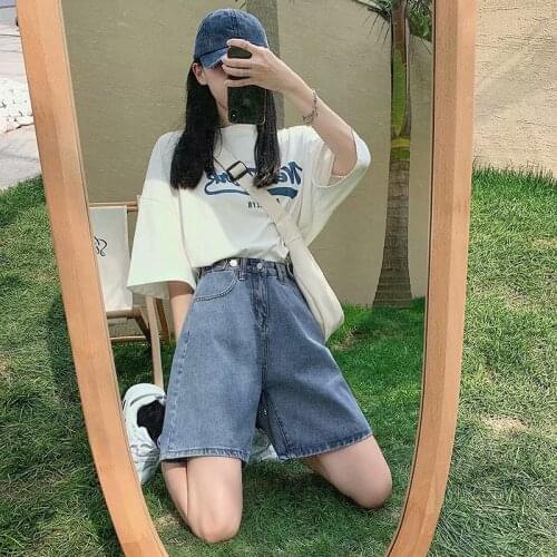 Feynzo Fashion Summer Half Women Denim Shorts High Waist Belted Loose Female Short Jeans 2021 Streetwear