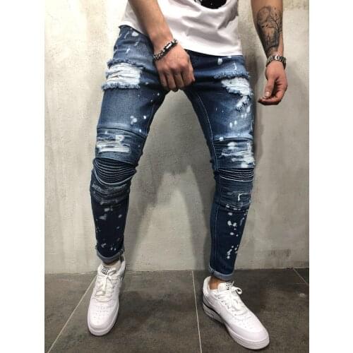 Men casual jeans fall/winter new fashion washed distressed holes Slim jeans men pencil pants mid-waist denim trousers