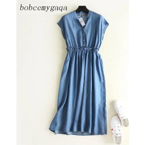 Long Jeans Shirt Dress Women Button Up V Neck Short Sleeves Summer Long Denim Dress Casual Cotton Ruffled Slim Waist Dress