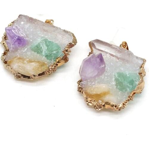 Natural Druzy Agates Stone Pendant Irregural Colorfurl Stone Pendant Charms for Making Women DIY Jewelry Necklace 40x45-45x50mm