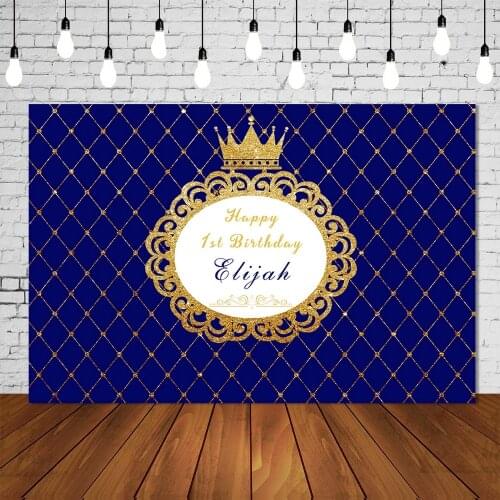 Custom Royal Blue Boy Birthday Party Backdrop Little Prince Banners Glittering Crown Photo Studio Background Table Decorations