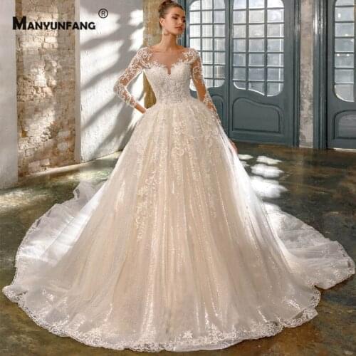 Luxury Embroidery Appliques Tulle Beading Full Sleeve Bridal Ball Gown 2021 New Arrival O-Neck Cathedral Train Wedding Dress