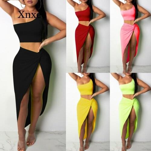 Sexy Women Sexy Solid One Shoulder Short Top Bodycon Tank Split Skirt Suit Summer Style Women Outfits Two Piece Suit Set beach