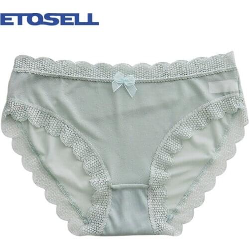 Women Sexy Solid Color Lace Gauze Bowknot Trim Briefs Fashion Comfortable Breathable Mid Rise Seamless Panties