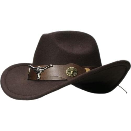 Bull Ox Head Leather Band Vintage Women Men /Kid Child Wool Wide Brim Cowboy Western Hat Cowgirl Bowler Cap (57cm/54cm)