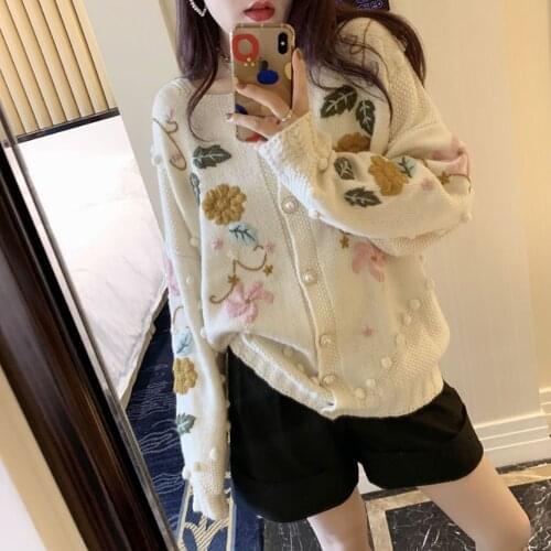 Antique Crochet Three-dimensional Wool Ball Knitting Cardigan Womens Round Neck Pearl Button Sweater Embroidered Flowers