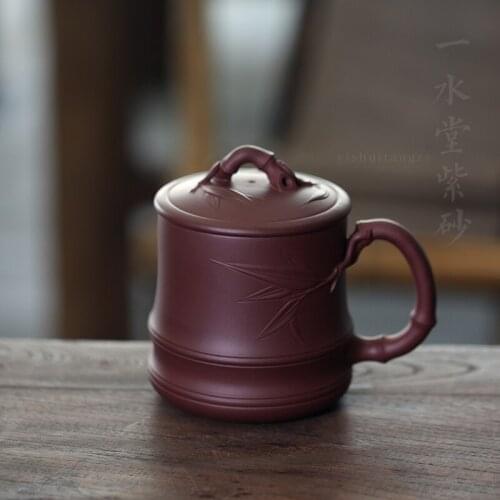 Yixing purple sand cup pure manual monohydrate hall office 500 ml water bamboo cup lid cup purple clay gift