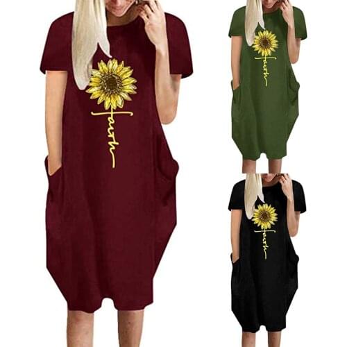 SAGACE Sunflower print pocket skirt womens dress 2021 summer new loose fashion trend casual womens wear Футболки с коротким ру