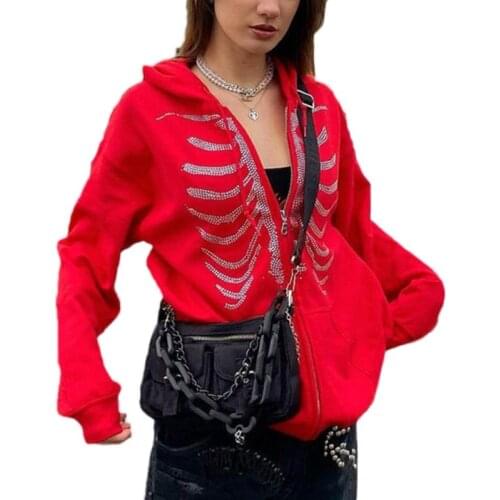 K3NF Women Goth Punk Zip Up Hoodies Jacket Rhinestone Breastbone Print Long Sleeve Sweatshirt Coat Oversized Loose Pocket Top