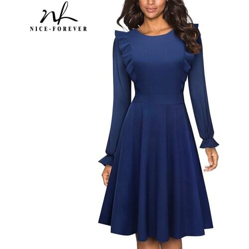 Nice-forever Retro Pure color Ruffle Sleeve Dresses Cocktail Party Flared Women Dress btyA181