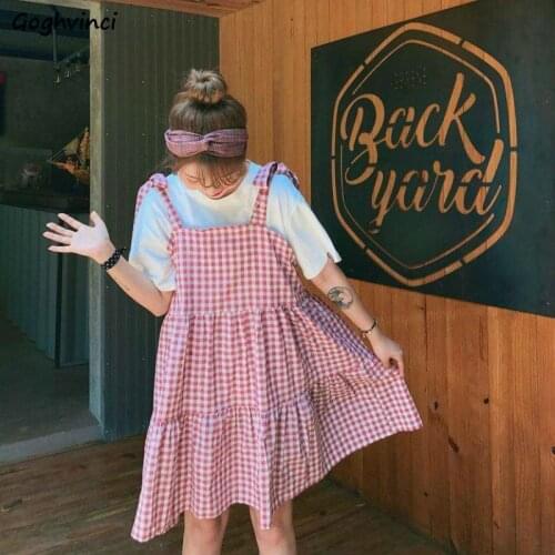 Sleeveless Dress Summer Women Plaid Bows Cute A-line Loose Korean Style Casual Knee-length Comfortable Trendy Elegant Simple New