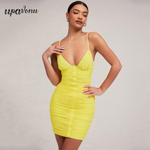 Free Shipping Sexy Sling Sleeveless Mesh Dress 2021 Summer New Womens Yellow Bodycon Draped Club Party Mini Dresses Vestidos