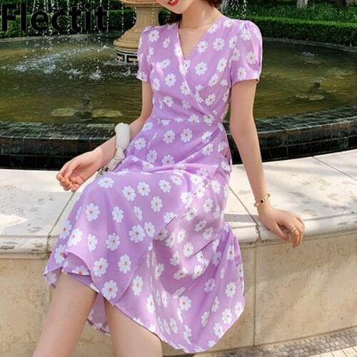 Flecti Womens Wrap Dress With Tie Short Sleeve V-Neck Daisy Print Floral Chiffon Dress Summer Romantic Long Dress