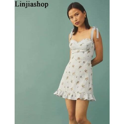 Vintage Plaid Floral Print Sexy Sling Dress Summer Women Sleeveless Sweet Ruffle Vestido Female Prairie Chic Sundress