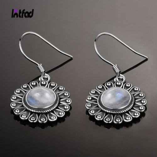 Round 7MM Natural Moonstone Earring 925 Sterling Silver Drop Earrings Flower Stylish Womens Anniversary Party Jewelry Gift