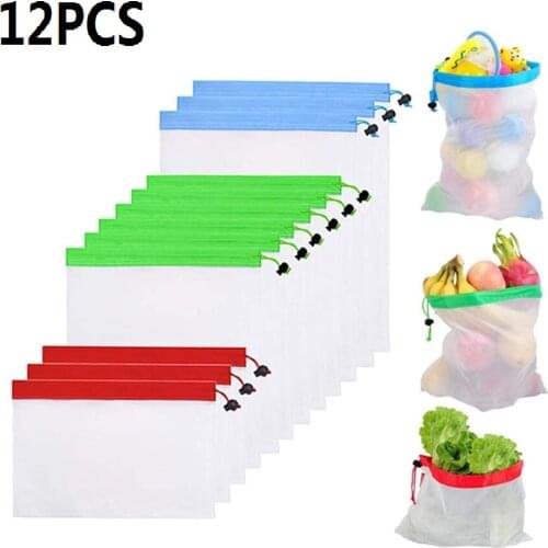 12PCS Portable Reusable Grocery Bags Fruit Vegetable Toys Sundries Bag Washable Mesh Organic Handbag Net Tote