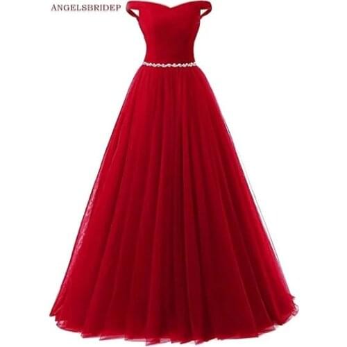 ANGELSBRIDEP Off-Shoulder Long Evening Dresses Vestidos de festa Sexy Crystals Waist Floor-Length Tulle Formal Prom Party Gowns