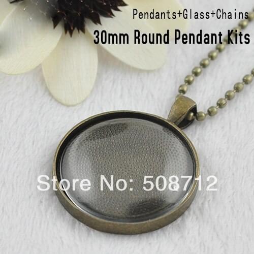 Antique Bronze -30sets Flash Sale DIY Kits- 30mm Trays, Glass, and necklaces. 30mm Blank Photo Pendant Trays and Cabochons
